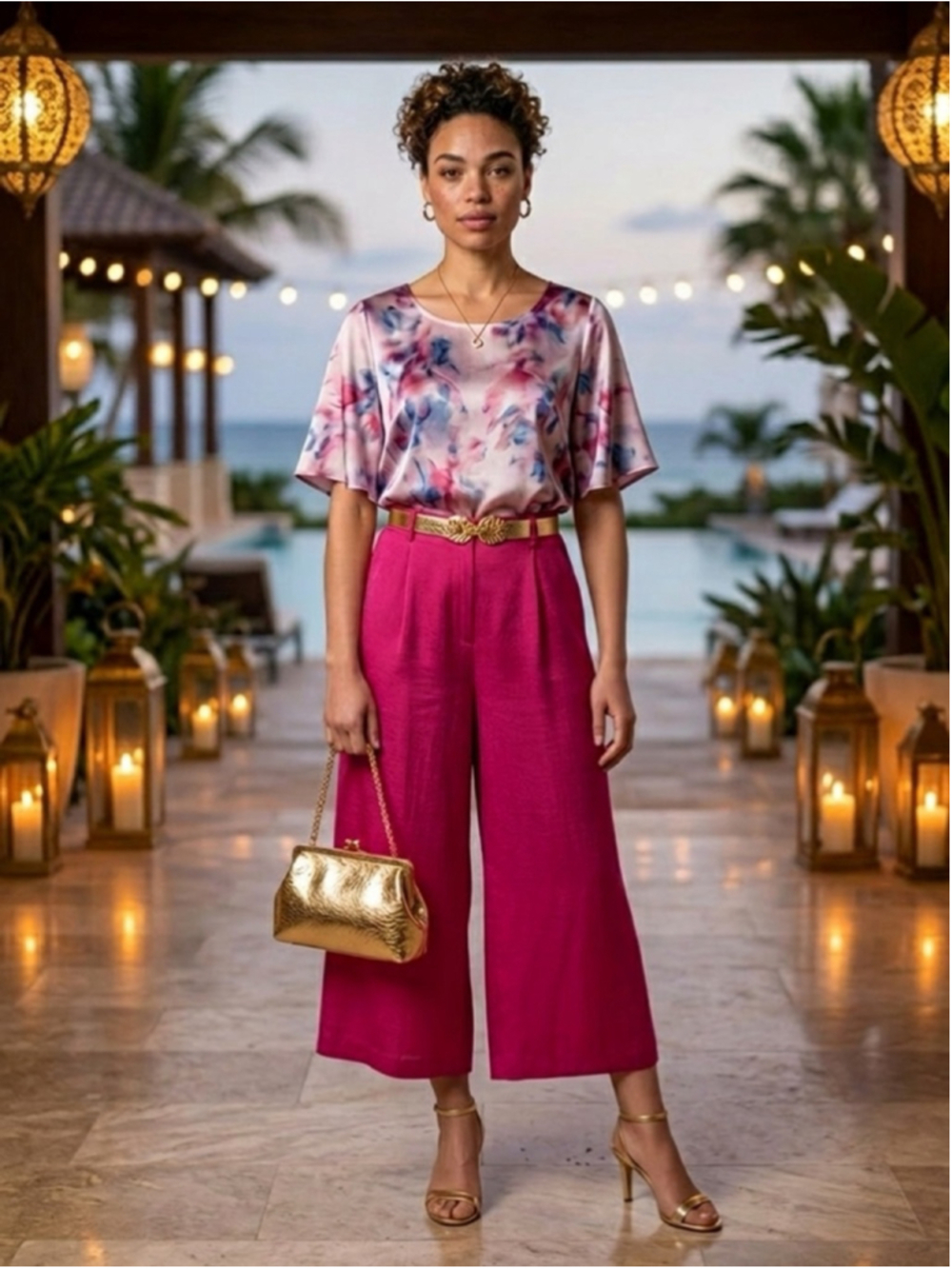 Victoria Eugenia Mexico Silk Crop Wide Leg Pants Hot Pink Magenta Small